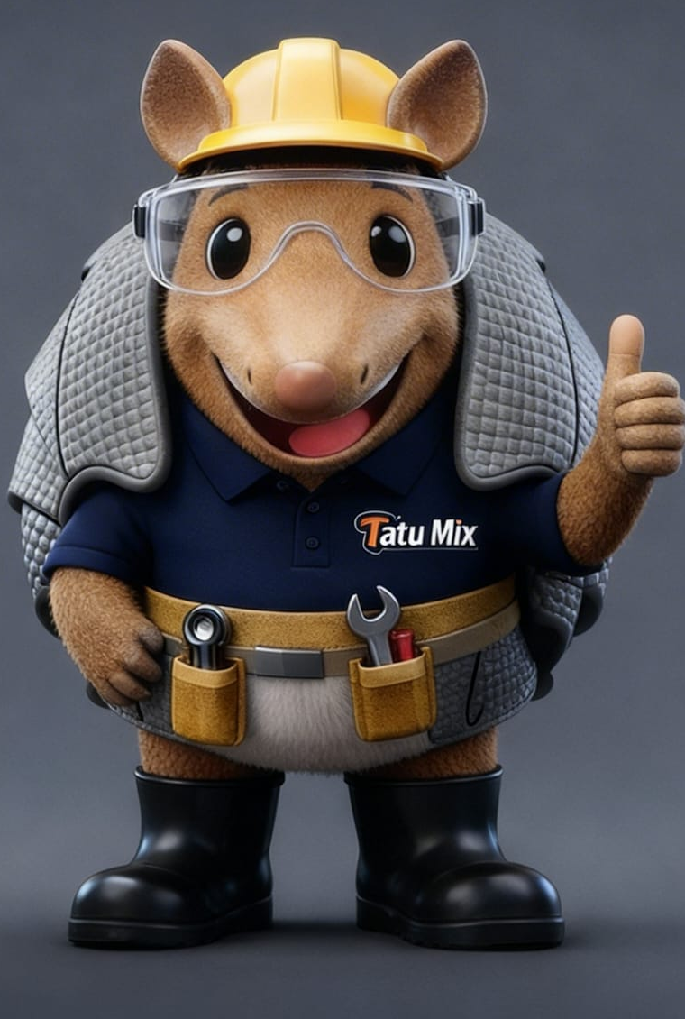 Mascote TatuMix, um tatu operário com capacete, óculos de proteção, camisa TatuMix e cinto de ferramentas fazendo joia